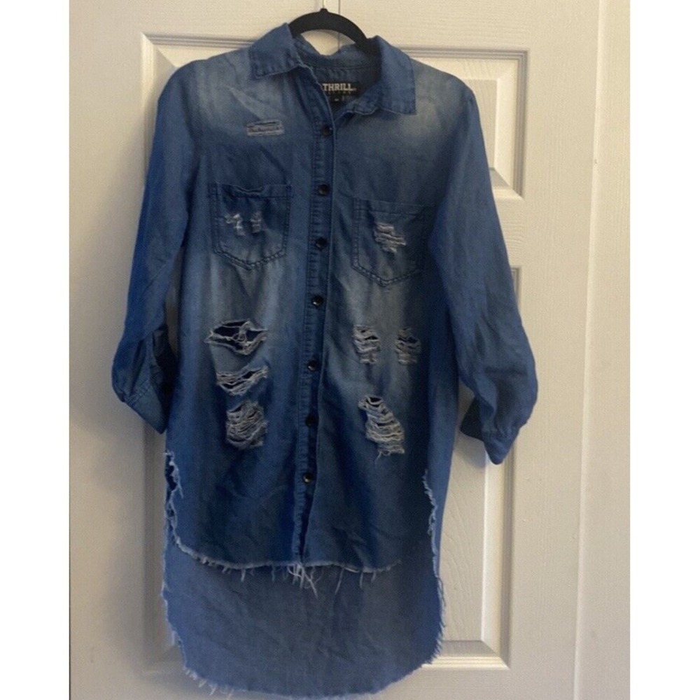 Thrill Jeans High‎ Low Hem Button Up Blouse Intentionally Distressed Raw Hem M